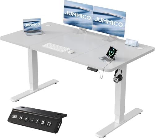 JUMMICO Electric Standing Desk 120x60cm | Height Adjustable Sit Stand Desk with USB Charging & Memory Presets | White Home Office Desk