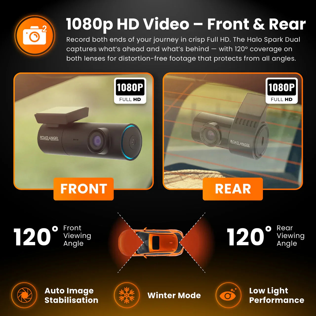 Road Angel Halo Spark Dual Dash Cam | 1080p Front & Rear | Parking Mode | Winter Mode | Night Vision