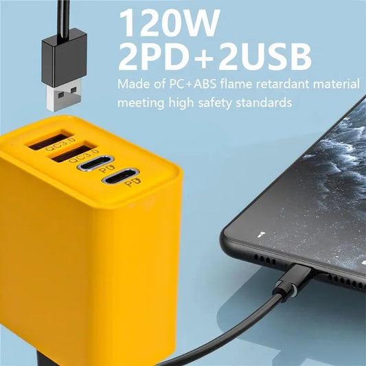 120W Fast Charging 4-Port Wall Charger | Dual USB-C PD + Dual USB-A QC3.0 | UK/EU/US Plug | iPhone & Android