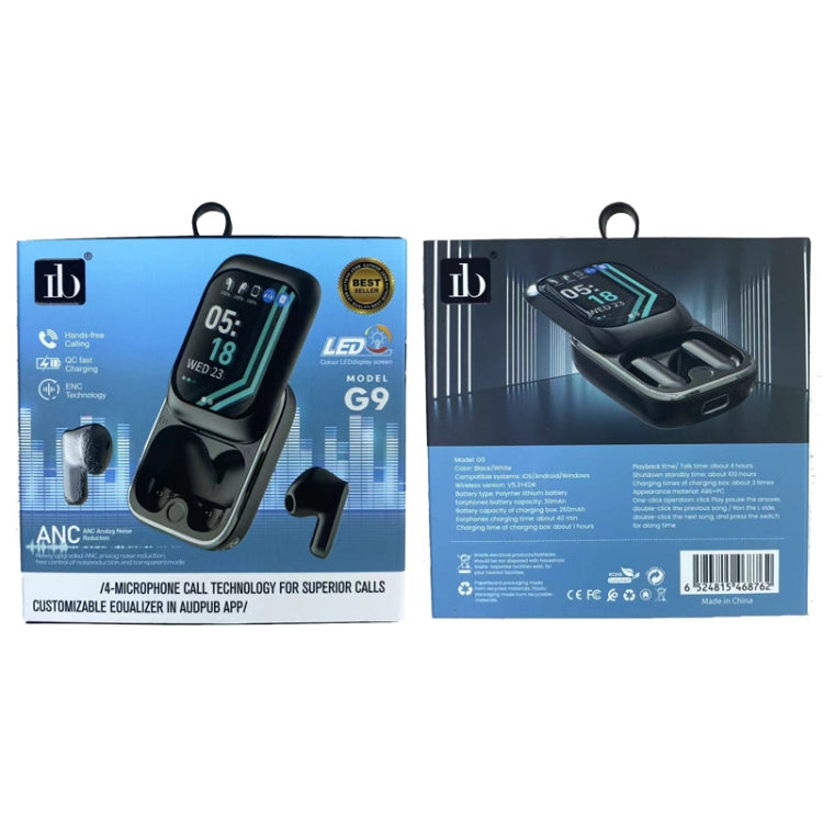 IB G9 Slider Bluetooth Earbuds | Smart Touch Colour Screen Case | HIFI 13mm | APP Control | Black