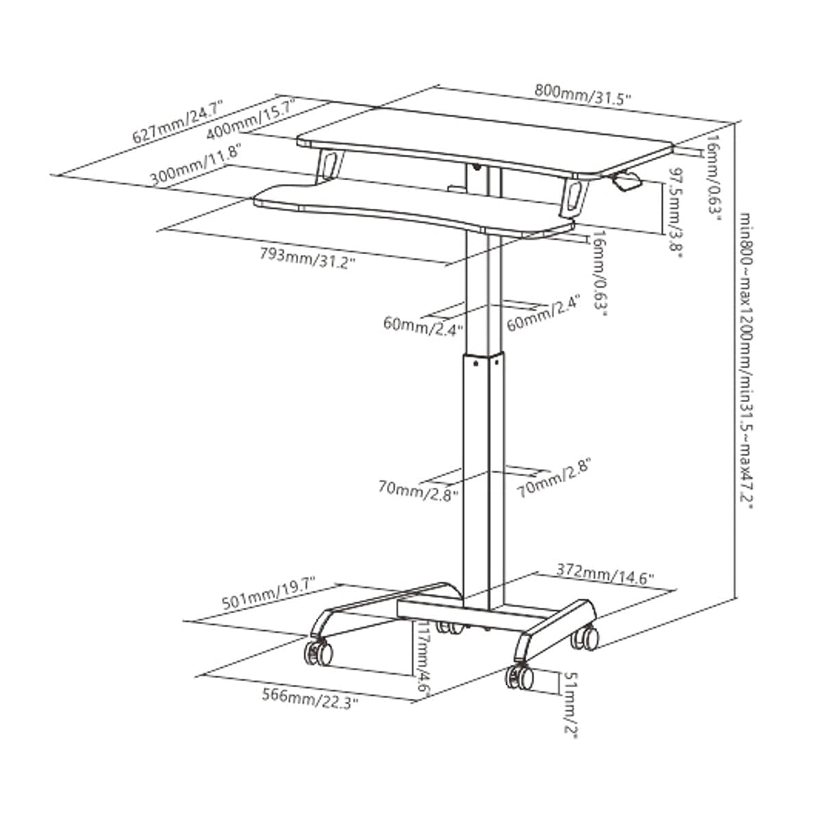 ProperAV Two-Tier Mobile Desk Trolley Workstation | Gas Spring Height Adjustable Sit-Stand Desk with Wheels – White