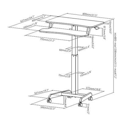 ProperAV Two-Tier Mobile Desk Trolley Workstation | Gas Spring Height Adjustable Sit-Stand Desk with Wheels – White