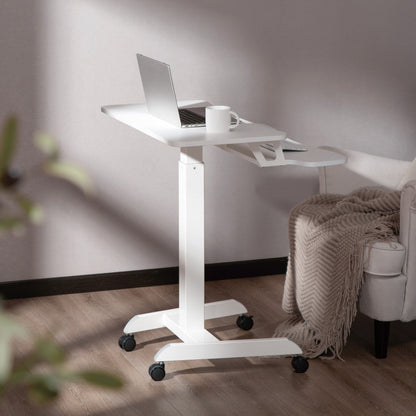 ProperAV Two-Tier Mobile Desk Trolley Workstation | Gas Spring Height Adjustable Sit-Stand Desk with Wheels – White