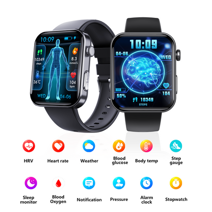 ECG smart watch with blood pressure, body temperature, blood glucose, heart rate, blood oxygen monitor