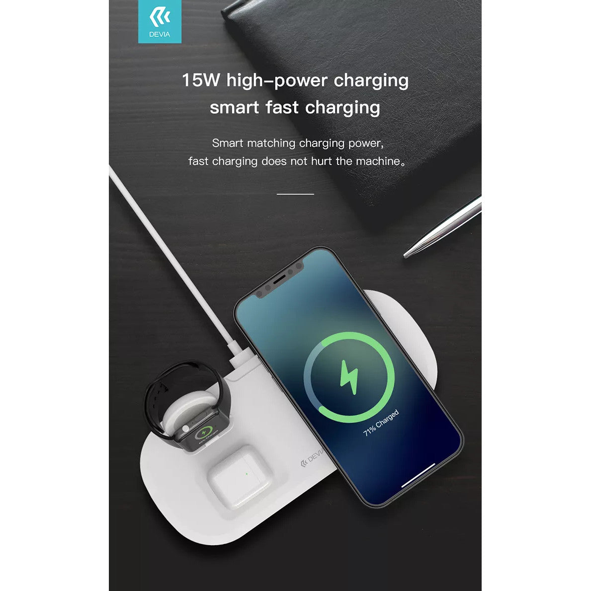 Devia 15W Triple Wireless Magnetic Charging Pad | iPhone, AirPods & Apple Watch | Qi Compatible