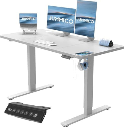 JUMMICO Electric Standing Desk 120x60cm | Height Adjustable Sit Stand Desk with USB Charging & Memory Presets | White Home Office Desk