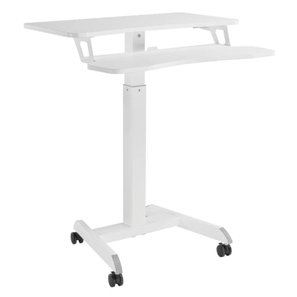 ProperAV Two-Tier Mobile Desk Trolley Workstation | Gas Spring Height Adjustable Sit-Stand Desk with Wheels – White