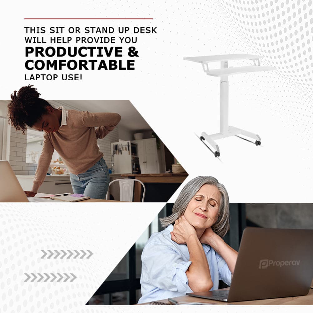 ProperAV Two-Tier Mobile Desk Trolley Workstation | Gas Spring Height Adjustable Sit-Stand Desk with Wheels – White