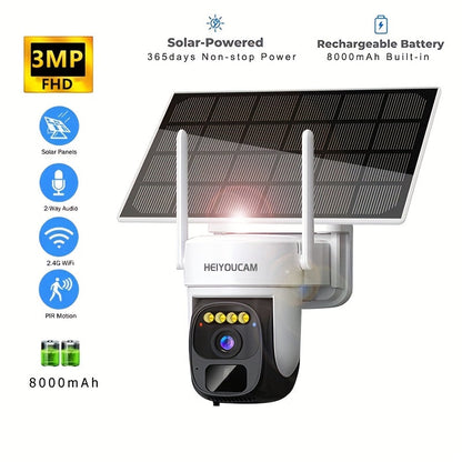 Wireless 360° PTZ Solar Security Camera with Color Night Vision & Two-Way Audio