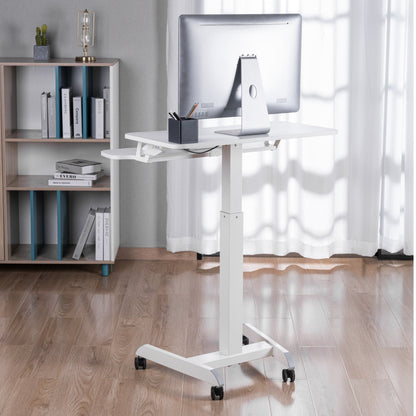 ProperAV Two-Tier Mobile Desk Trolley Workstation | Gas Spring Height Adjustable Sit-Stand Desk with Wheels – White