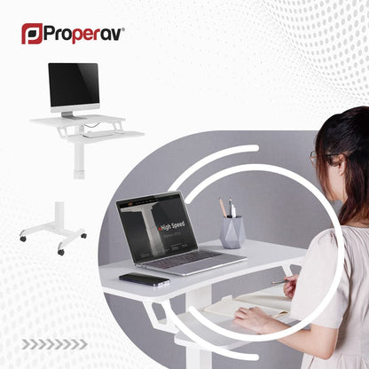 ProperAV Two-Tier Mobile Desk Trolley Workstation | Gas Spring Height Adjustable Sit-Stand Desk with Wheels – White