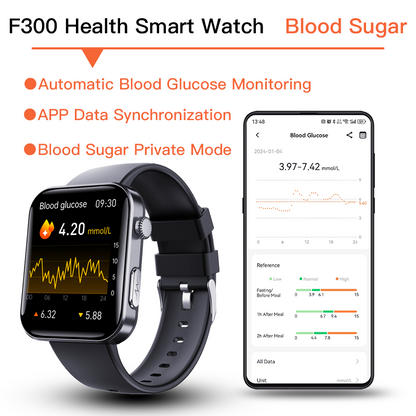 ECG smart watch with blood pressure, body temperature, blood glucose, heart rate, blood oxygen monitor
