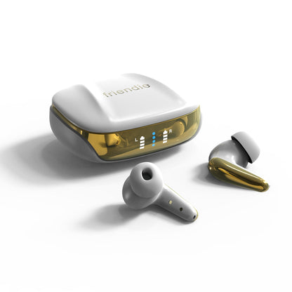 Active Noise Cancelling Friendie AIR Focus ANC Earbuds – Pearl White and Gold (In Ear Wireless Headphones)