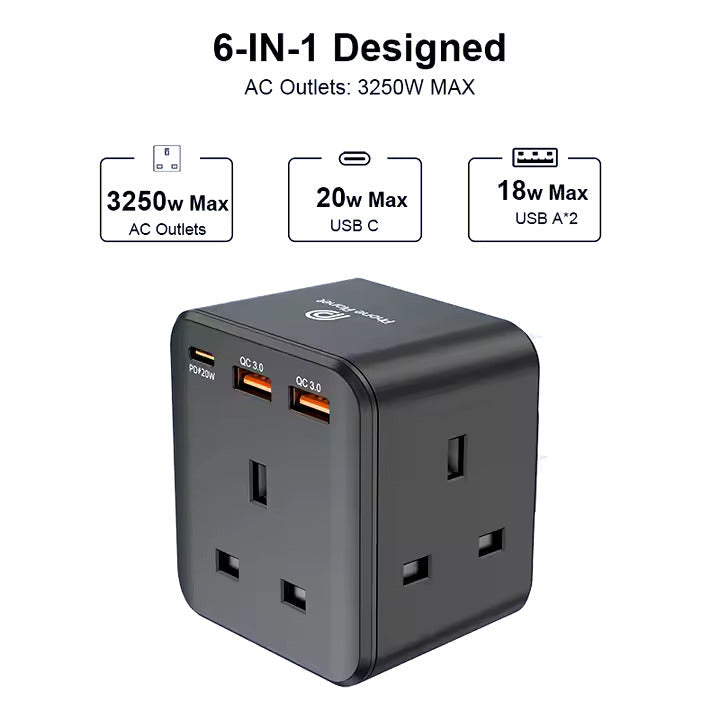 Phone Planet PD20W Universal Adaptor with USB-C and USB-A sockets | UK plug