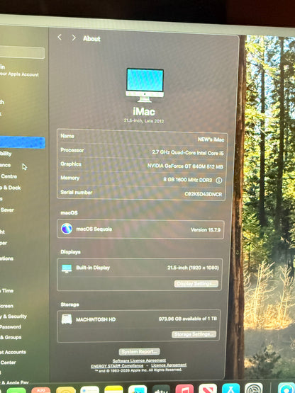 Apple iMac 21.5" Late 2012 | Upgraded macOS Sequoia 15.7.9 | Intel i5 | 8GB RAM | 1TB | Keyboard & Mouse