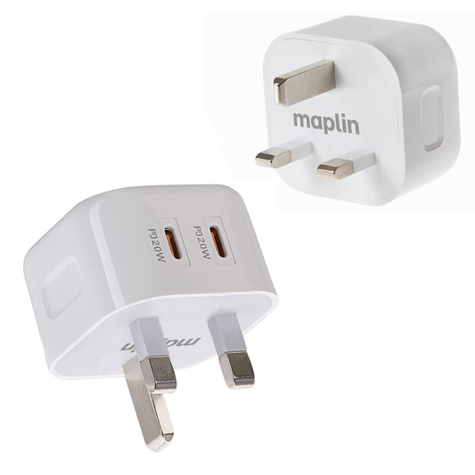 Maplin 2-Port USB-C 20W Power Delivery Wall Charger | Dual PD Fast Charge | iPhone & Android | 100-240V