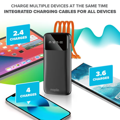 Maplin 20,000mAh Power Bank | Integrated USB-C, Micro USB & Lightning Cables | Charge 5 Devices