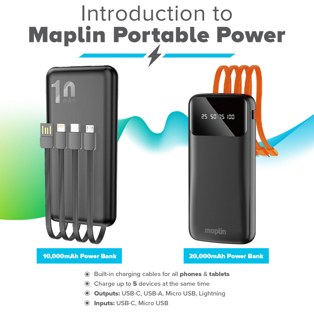 Maplin 20,000mAh Power Bank | Integrated USB-C, Micro USB & Lightning Cables | Charge 5 Devices