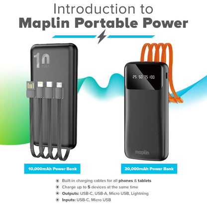 Maplin 20,000mAh Power Bank | Integrated USB-C, Micro USB & Lightning Cables | Charge 5 Devices