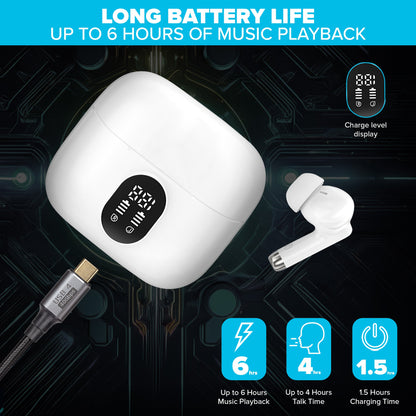 Maplin Bluetooth 5.4 Soft Fit Earphones | USB-C Charging Case | Touch Controls | LED Display | White