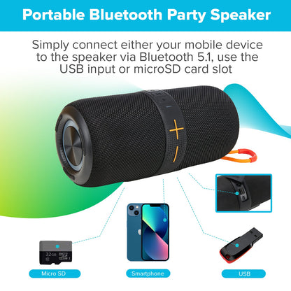 Maplin Portable Bluetooth Party Speaker | BT 5.1 | IPX5 Waterproof | Stereo | USB & microSD | USB-C Charge