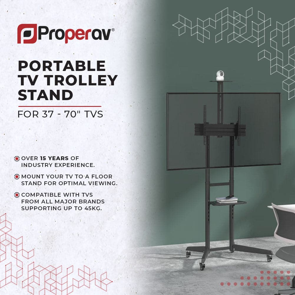 ProperAV Mobile TV Trolley Stand with Wheels for 37"–70" Screens | Adjustable VESA TV Cart 50kg