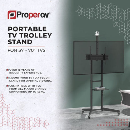 ProperAV Mobile TV Trolley Stand with Wheels for 37"–70" Screens | Adjustable VESA TV Cart 50kg