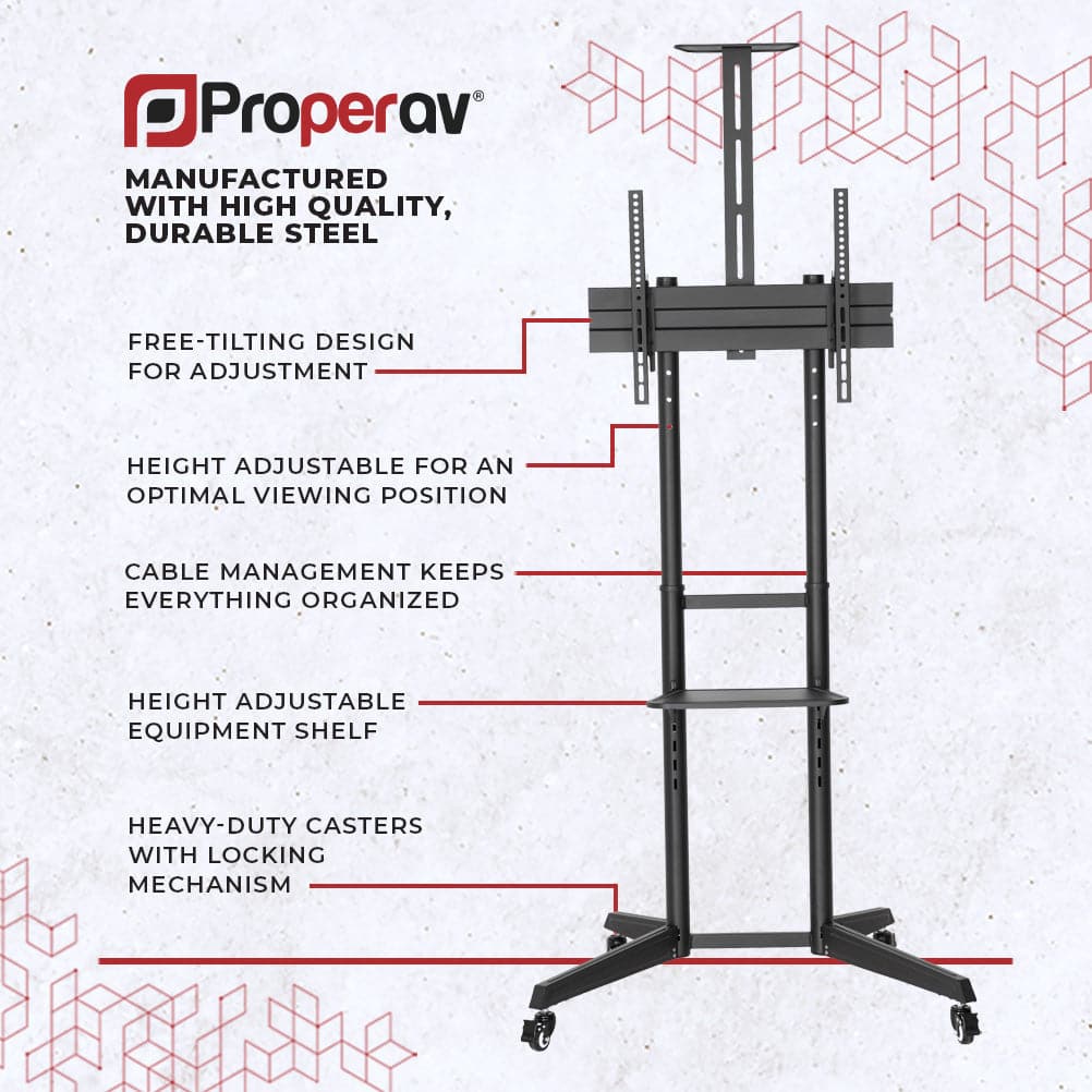 ProperAV Mobile TV Trolley Stand with Wheels for 37"–70" Screens | Adjustable VESA TV Cart 50kg