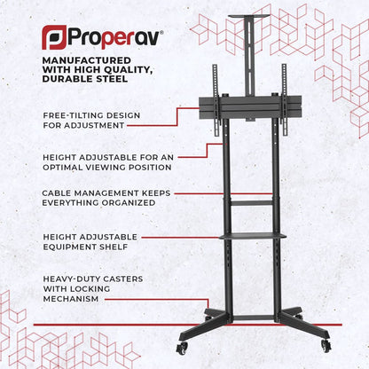 ProperAV Mobile TV Trolley Stand with Wheels for 37"–70" Screens | Adjustable VESA TV Cart 50kg