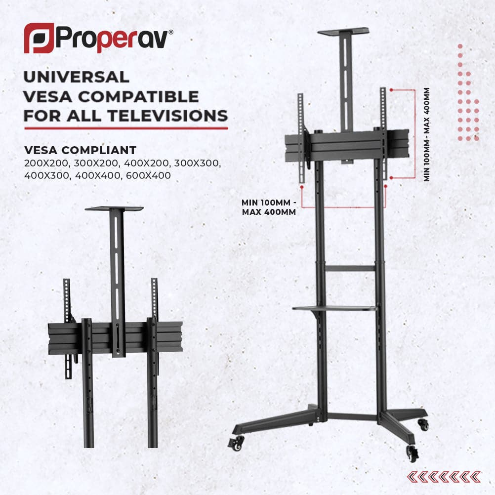 ProperAV Mobile TV Trolley Stand with Wheels for 37"–70" Screens | Adjustable VESA TV Cart 50kg