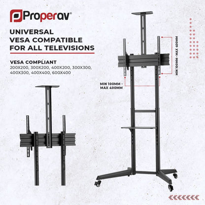ProperAV Mobile TV Trolley Stand with Wheels for 37"–70" Screens | Adjustable VESA TV Cart 50kg