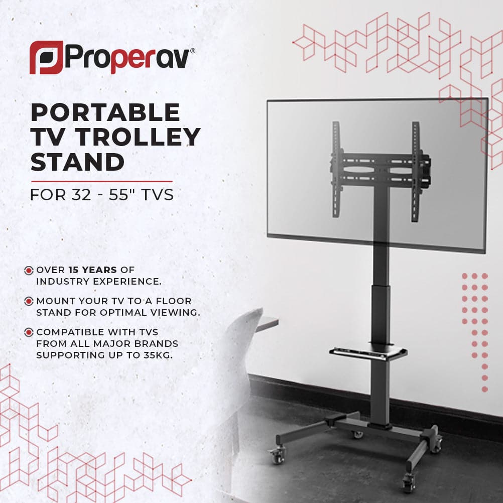 ProperAV Mobile TV Trolley Stand with Wheels for 32"–55" Screens | Adjustable Height VESA TV Cart