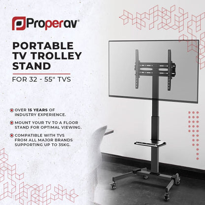 ProperAV Mobile TV Trolley Stand with Wheels for 32"–55" Screens | Adjustable Height VESA TV Cart