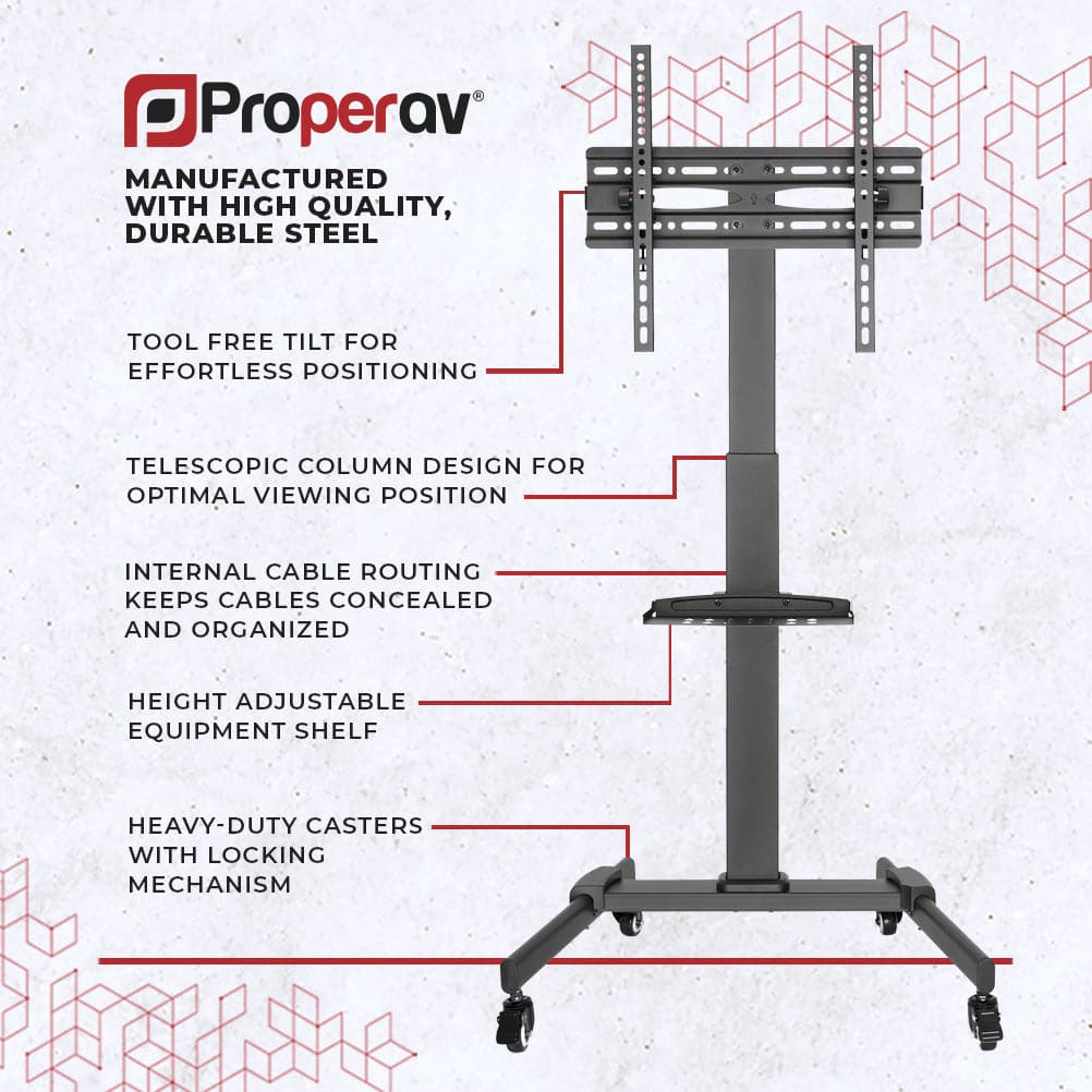ProperAV Mobile TV Trolley Stand with Wheels for 32"–55" Screens | Adjustable Height VESA TV Cart