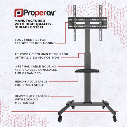 ProperAV Mobile TV Trolley Stand with Wheels for 32"–55" Screens | Adjustable Height VESA TV Cart