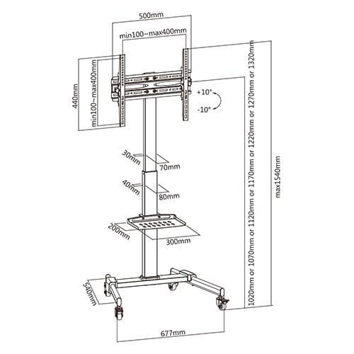 ProperAV Mobile TV Trolley Stand with Wheels for 32"–55" Screens | Adjustable Height VESA TV Cart