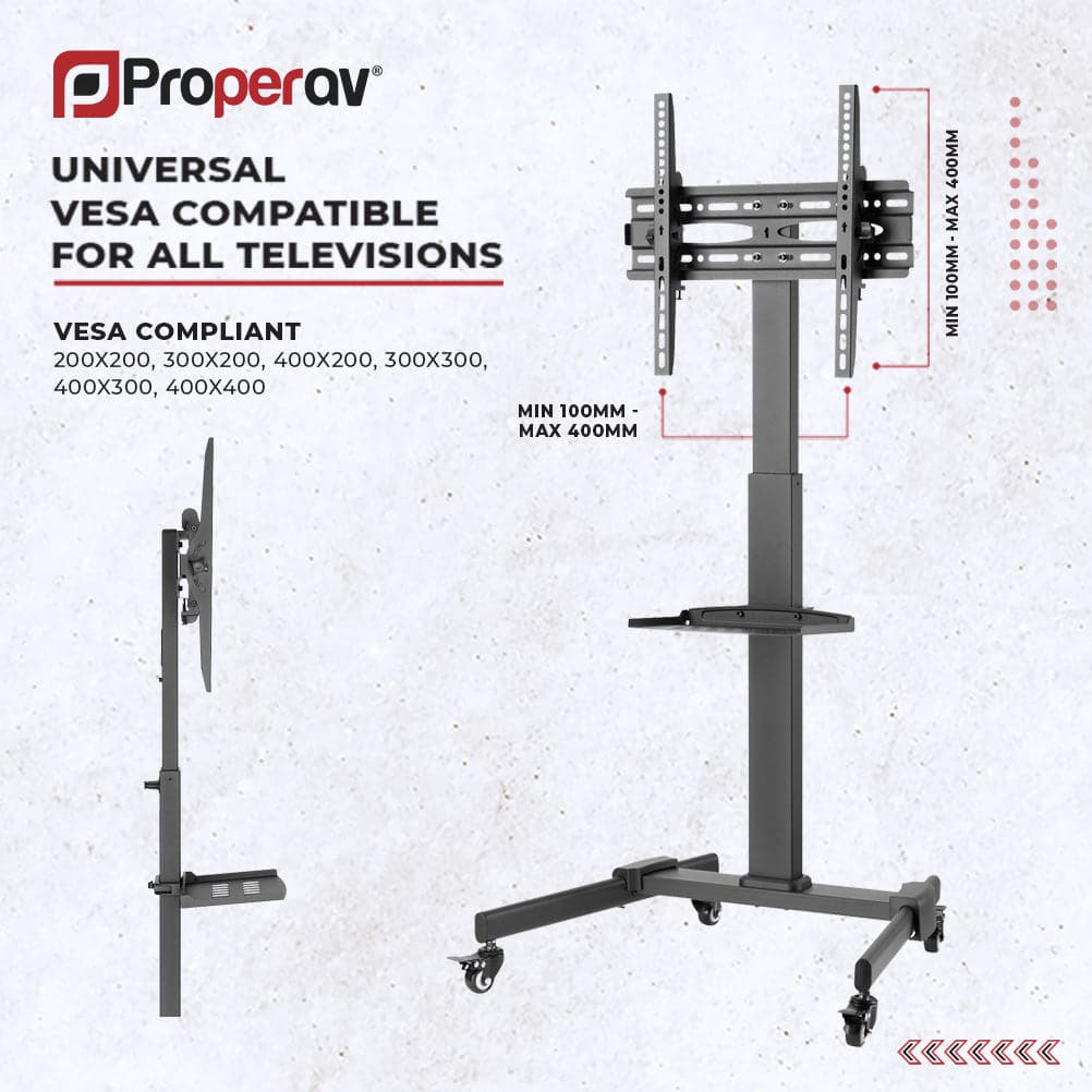 ProperAV Mobile TV Trolley Stand with Wheels for 32"–55" Screens | Adjustable Height VESA TV Cart