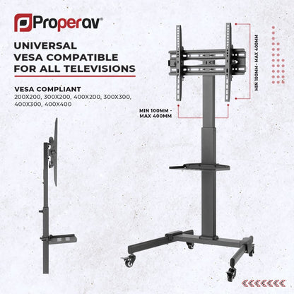 ProperAV Mobile TV Trolley Stand with Wheels for 32"–55" Screens | Adjustable Height VESA TV Cart