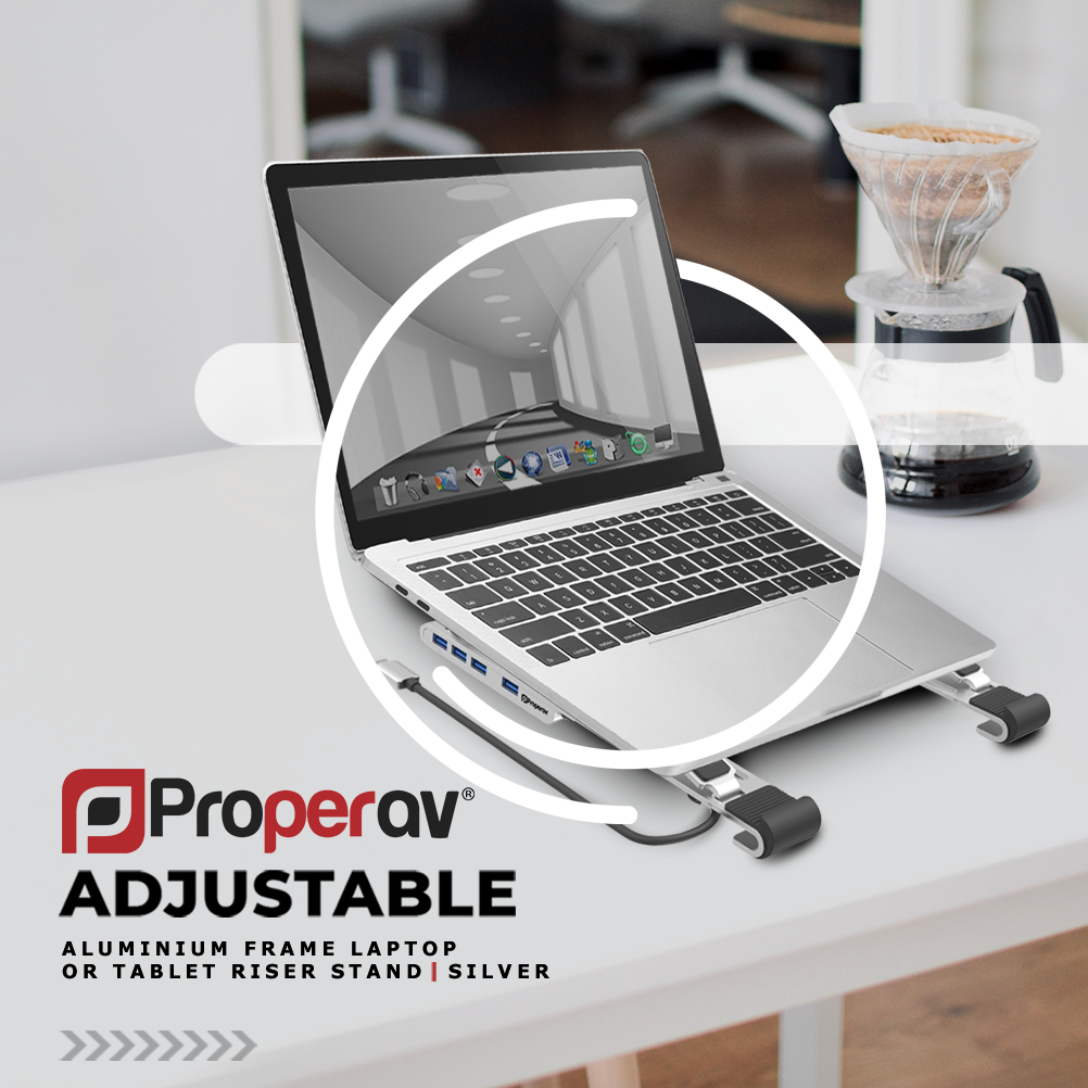 ProperAV Aluminium Laptop & Tablet Stand with 100W USB-C Hub | 4x USB-A 3.0 Ports | Adjustable Portable Riser – Silver
