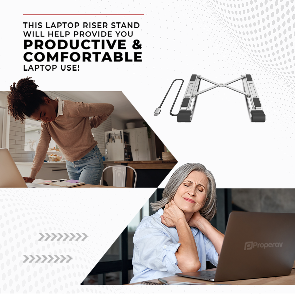 ProperAV Aluminium Laptop & Tablet Stand with 100W USB-C Hub | 4x USB-A 3.0 Ports | Adjustable Portable Riser – Silver