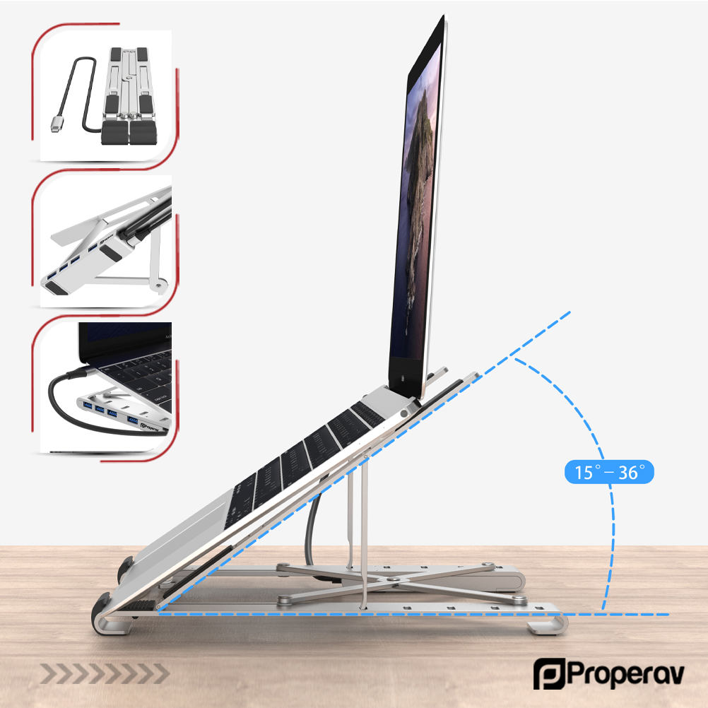 ProperAV Aluminium Laptop & Tablet Stand with 100W USB-C Hub | 4x USB-A 3.0 Ports | Adjustable Portable Riser – Silver