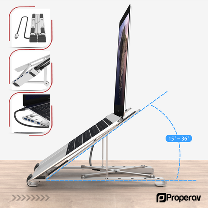 ProperAV Aluminium Laptop & Tablet Stand with 100W USB-C Hub | 4x USB-A 3.0 Ports | Adjustable Portable Riser – Silver