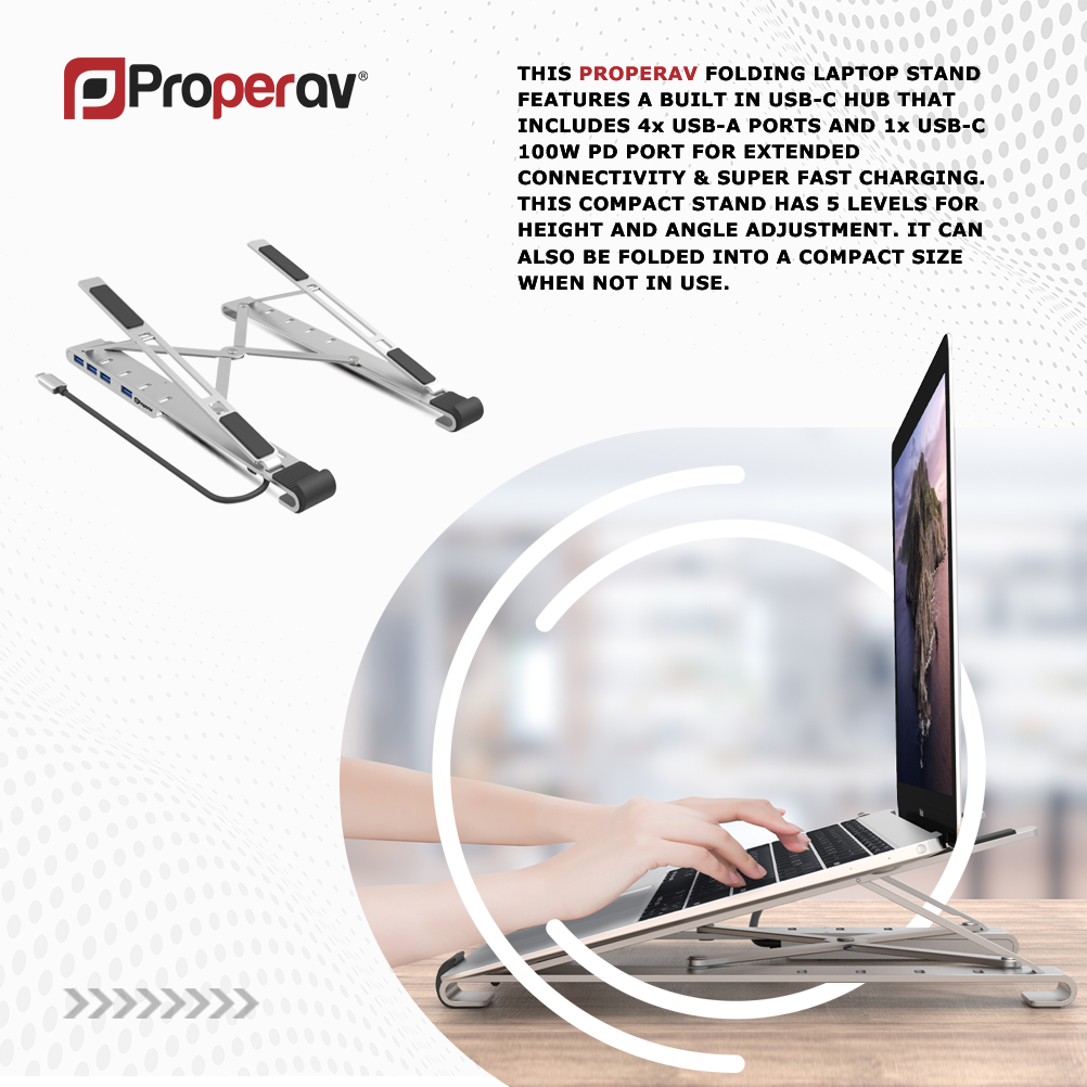 ProperAV Aluminium Laptop & Tablet Stand with 100W USB-C Hub | 4x USB-A 3.0 Ports | Adjustable Portable Riser – Silver