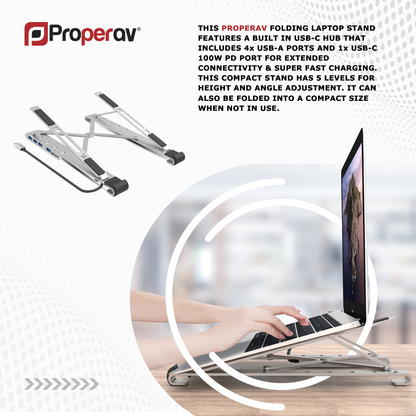 ProperAV Aluminium Laptop & Tablet Stand with 100W USB-C Hub | 4x USB-A 3.0 Ports | Adjustable Portable Riser – Silver