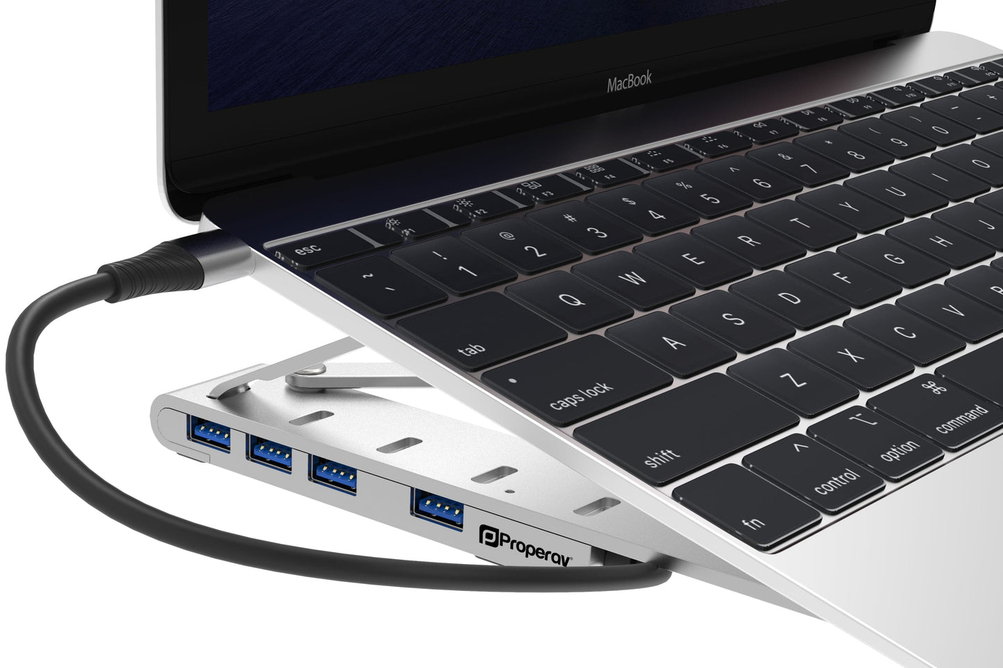 ProperAV Aluminium Laptop & Tablet Stand with 100W USB-C Hub | 4x USB-A 3.0 Ports | Adjustable Portable Riser – Silver