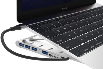ProperAV Aluminium Laptop & Tablet Stand with 100W USB-C Hub | 4x USB-A 3.0 Ports | Adjustable Portable Riser – Silver