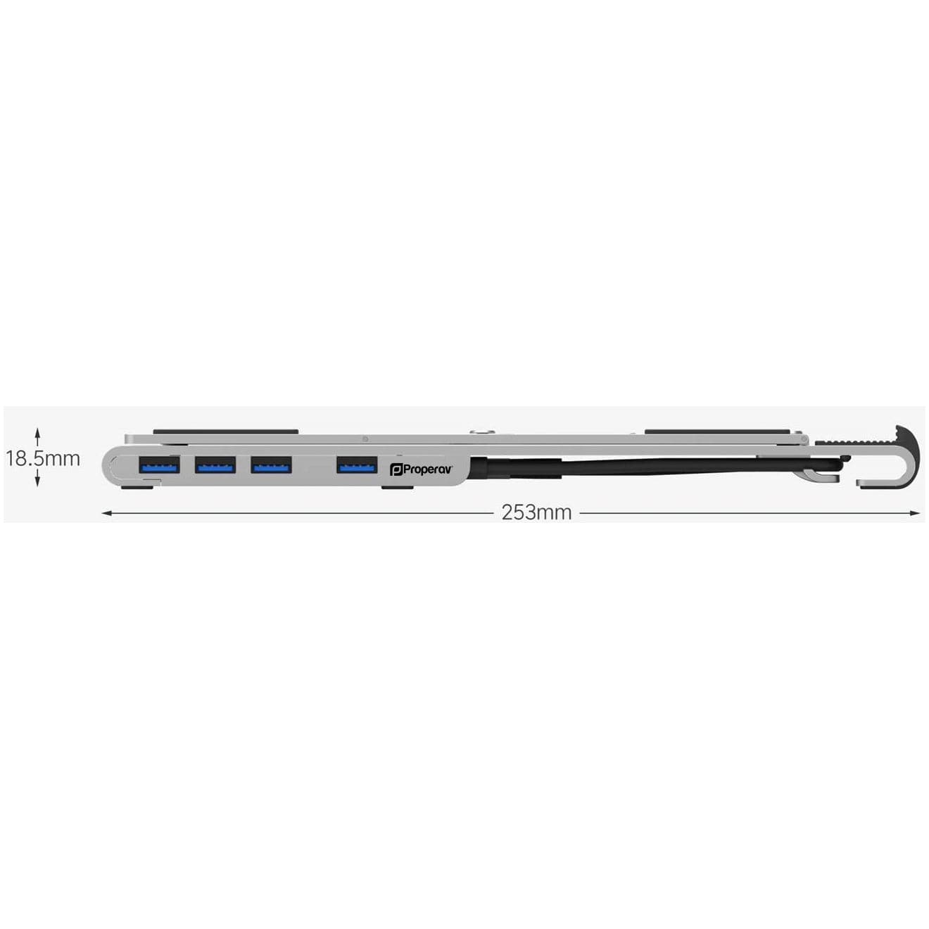 ProperAV Aluminium Laptop & Tablet Stand with 100W USB-C Hub | 4x USB-A 3.0 Ports | Adjustable Portable Riser – Silver