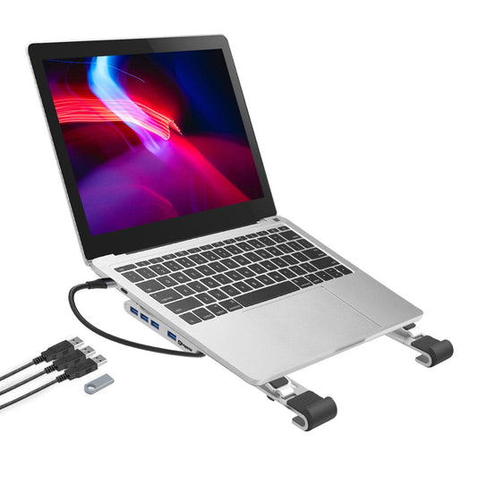 ProperAV Aluminium Laptop & Tablet Stand with 100W USB-C Hub | 4x USB-A 3.0 Ports | Adjustable Portable Riser – Silver