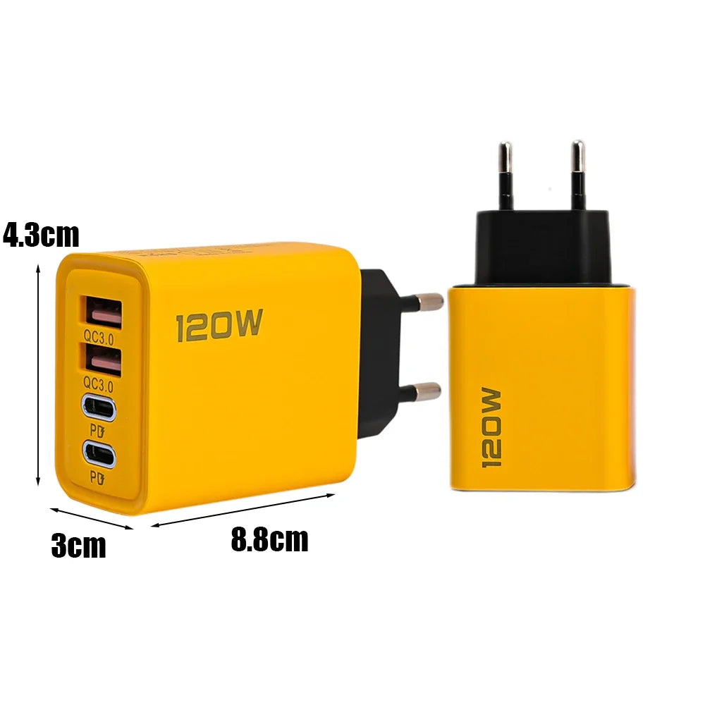 120W Fast Charging 4-Port Wall Charger | Dual USB-C PD + Dual USB-A QC3.0 | UK/EU/US Plug | iPhone & Android