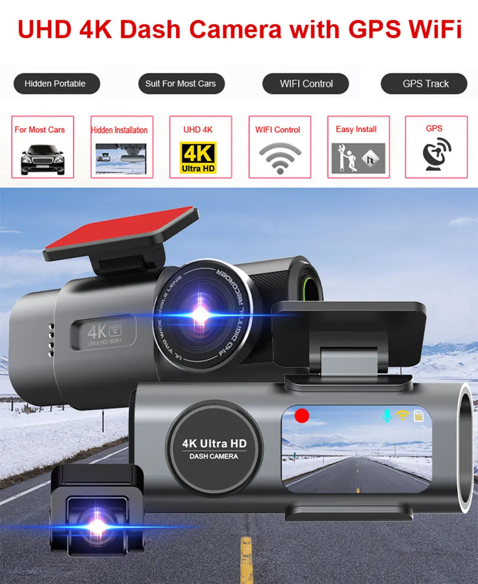 4K UHD Dual Lens Dash Cam Front & Rear | Night Vision, WiFi & GPS Car Dashboard Camera with 24H Parking Mode
